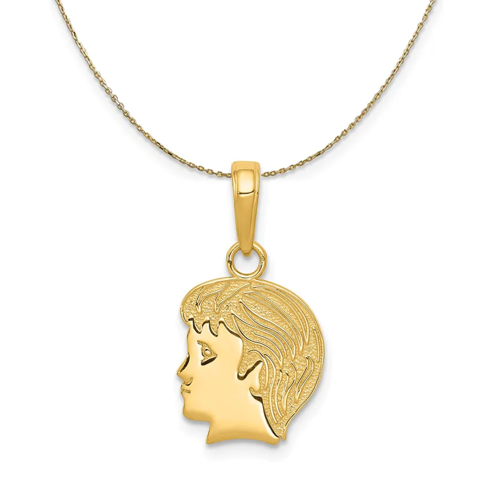 Flat Profile Boy Head Necklace made of 14k yellow gold