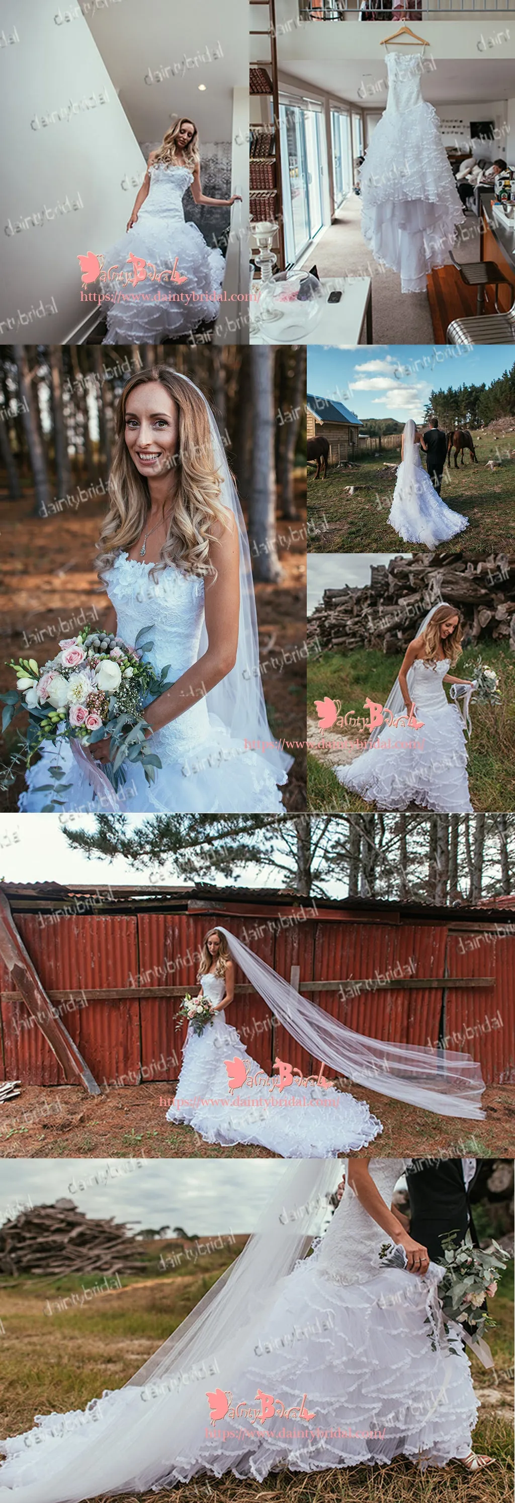 White Lace Tiered Chapel Train Wedding Gown