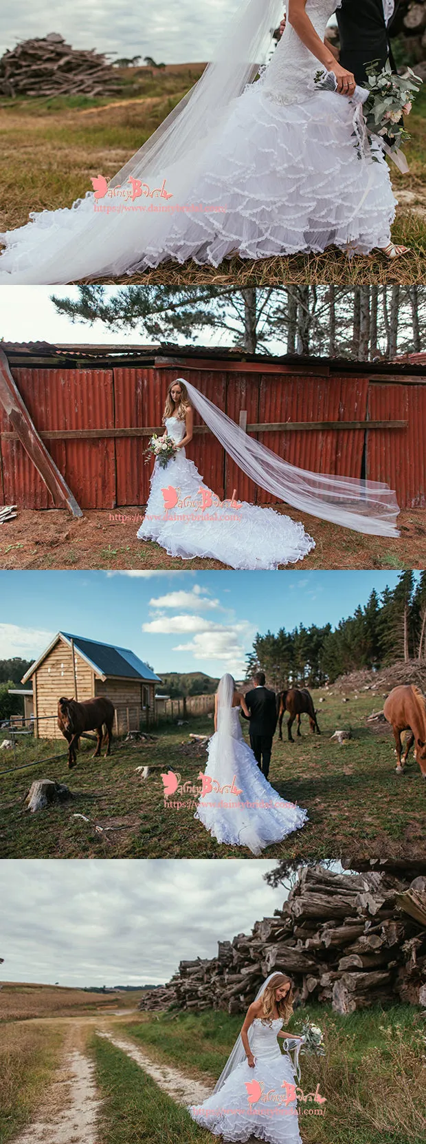 White Lace Tiered Chapel Train Wedding Gown