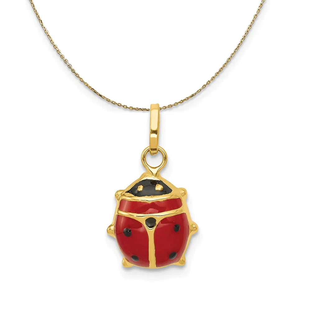 3D Red Enameled Ladybug Necklace in 14k Yellow Gold