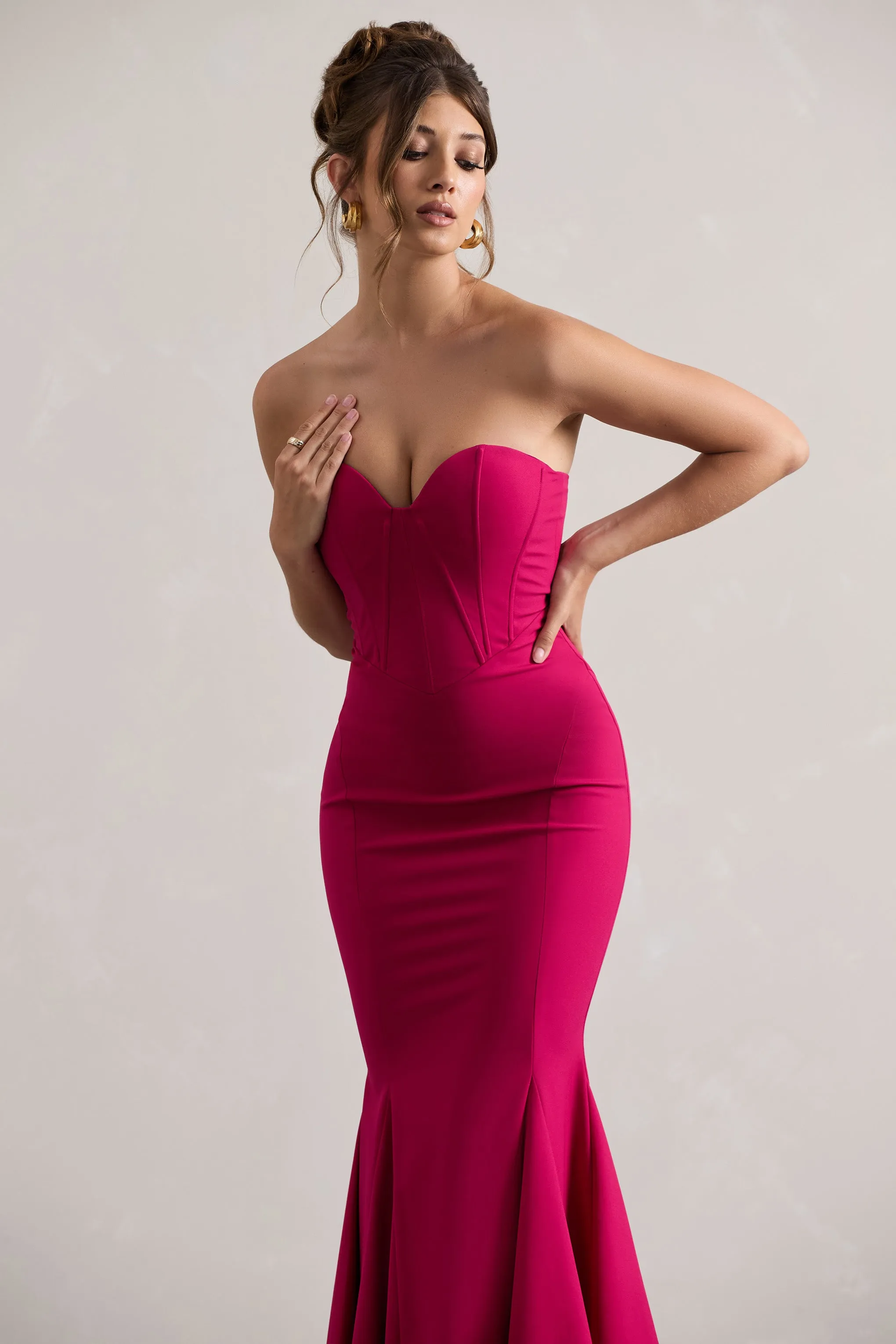 Hot Pink Strapless Fishtail Maxi Dress