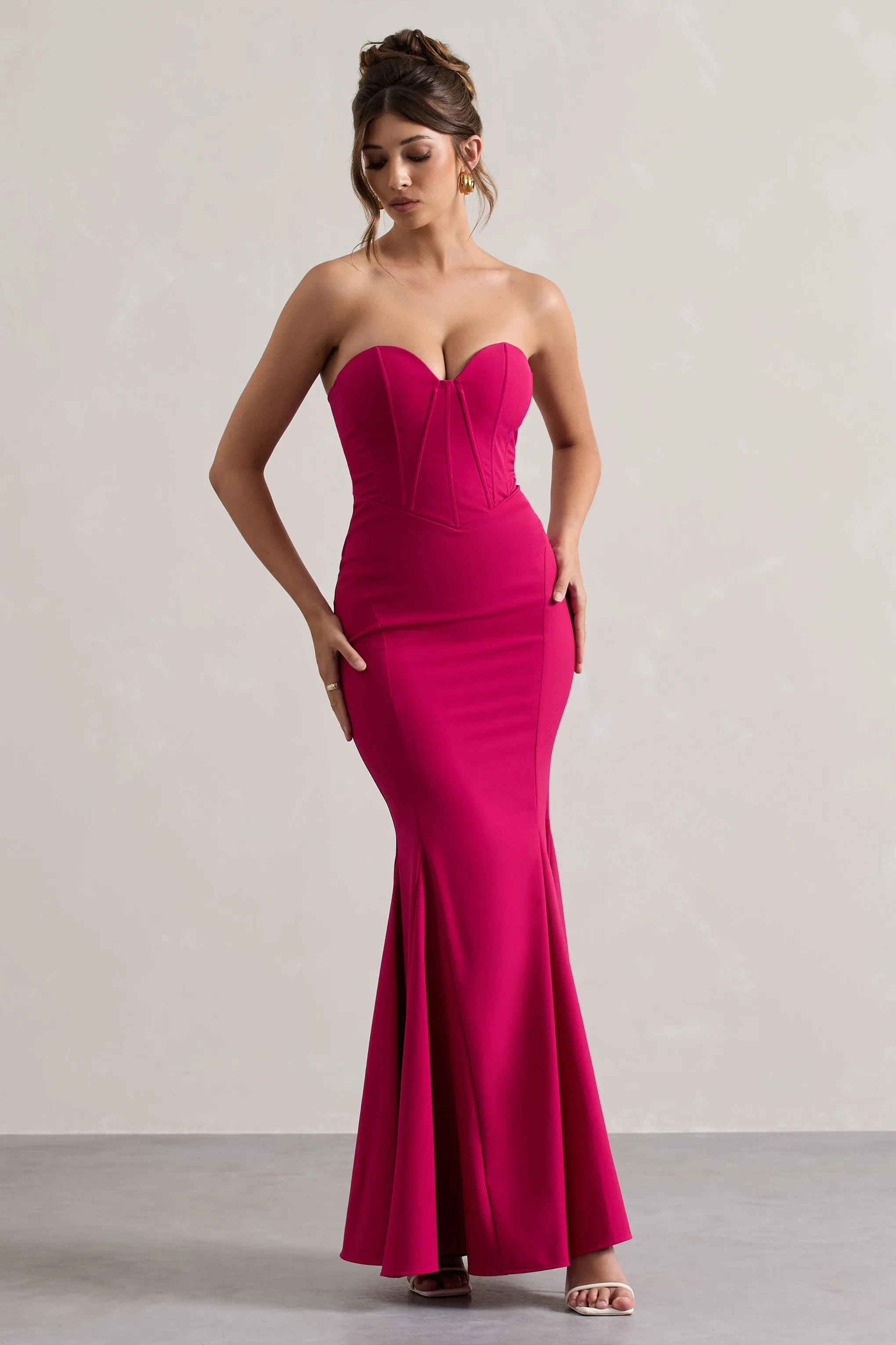 Hot Pink Strapless Fishtail Maxi Dress