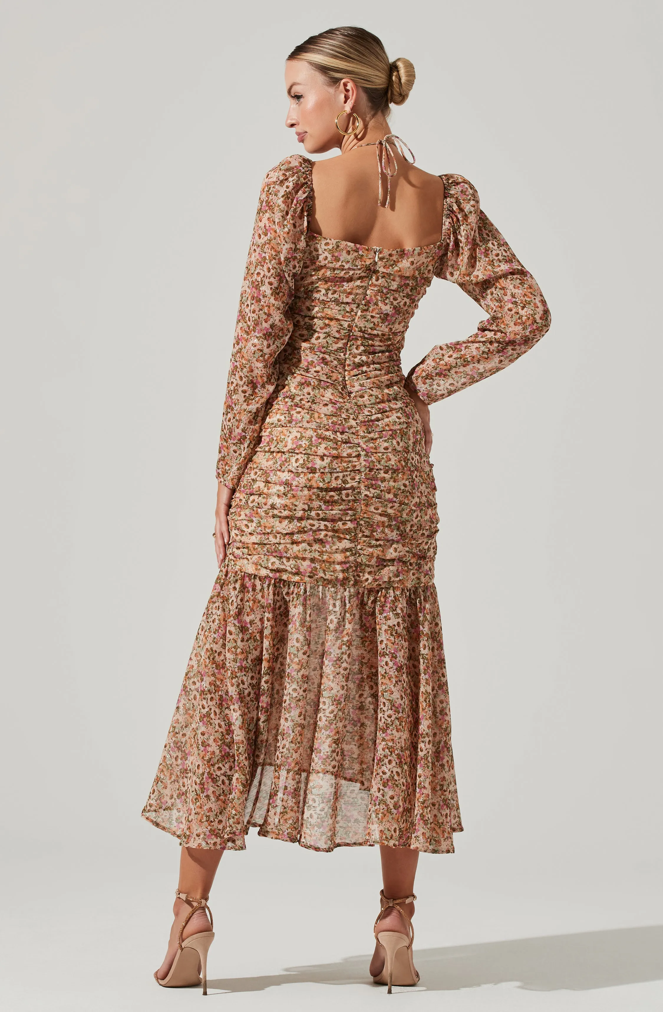 Athena Long Sleeve Midi Dress Floral Ruched