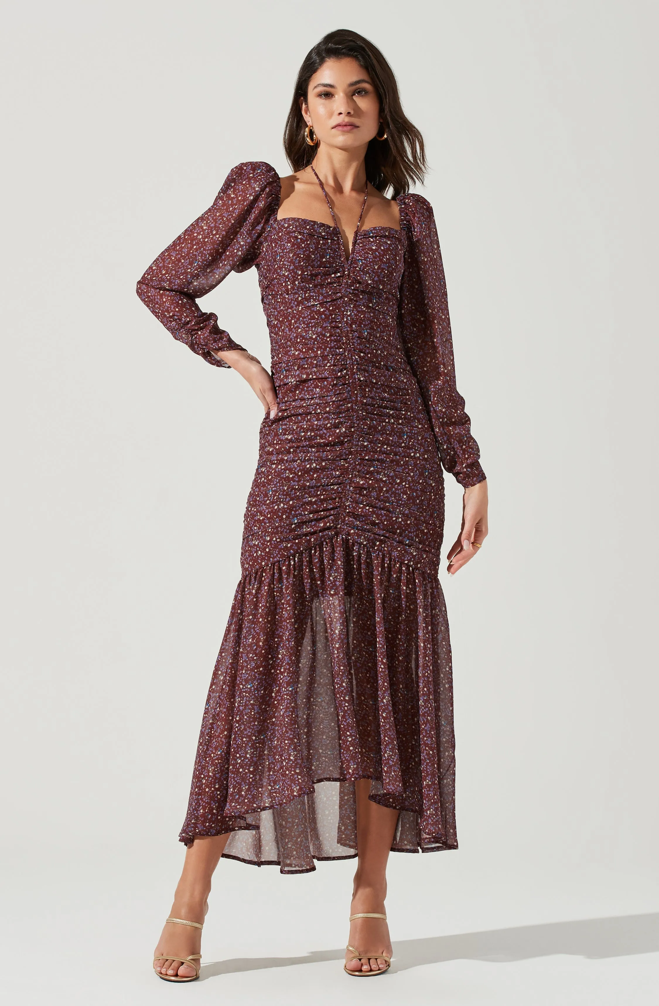 Athena Long Sleeve Midi Dress Floral Ruched