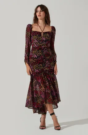 Athena Long Sleeve Midi Dress Floral Ruched