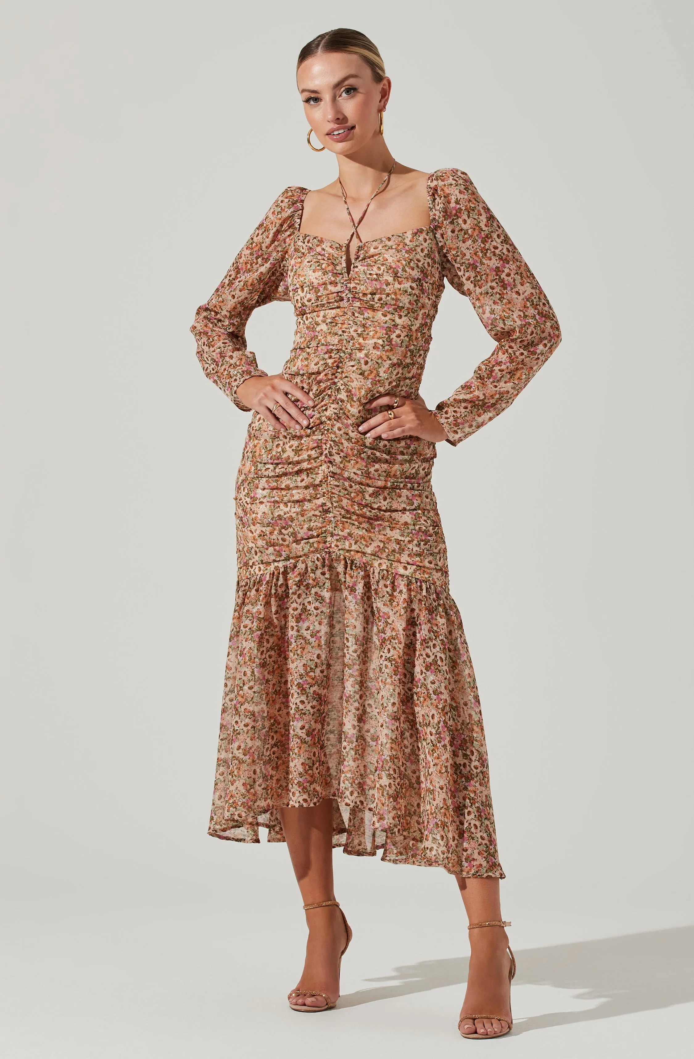 Athena Long Sleeve Midi Dress Floral Ruched