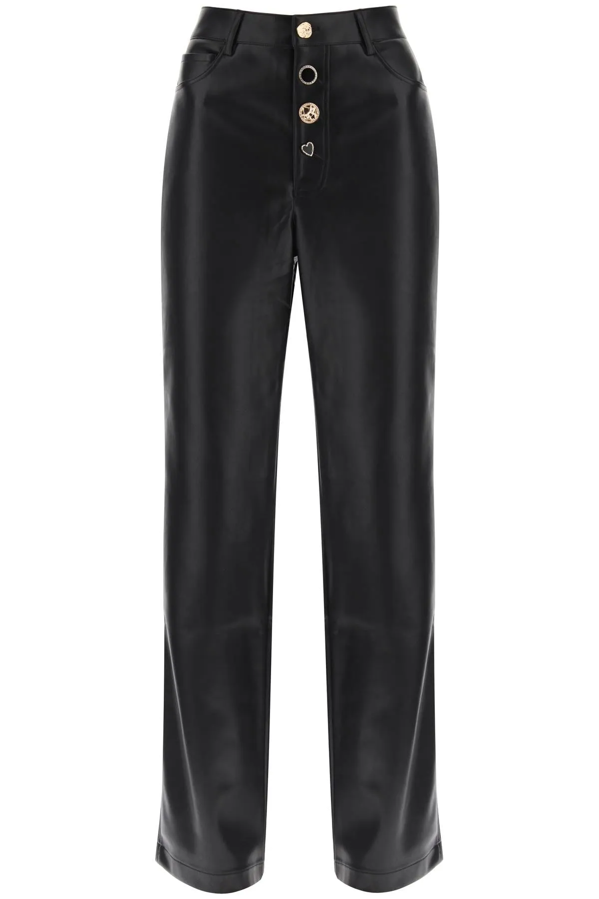 Black Button Embellished Faux Leather Pants