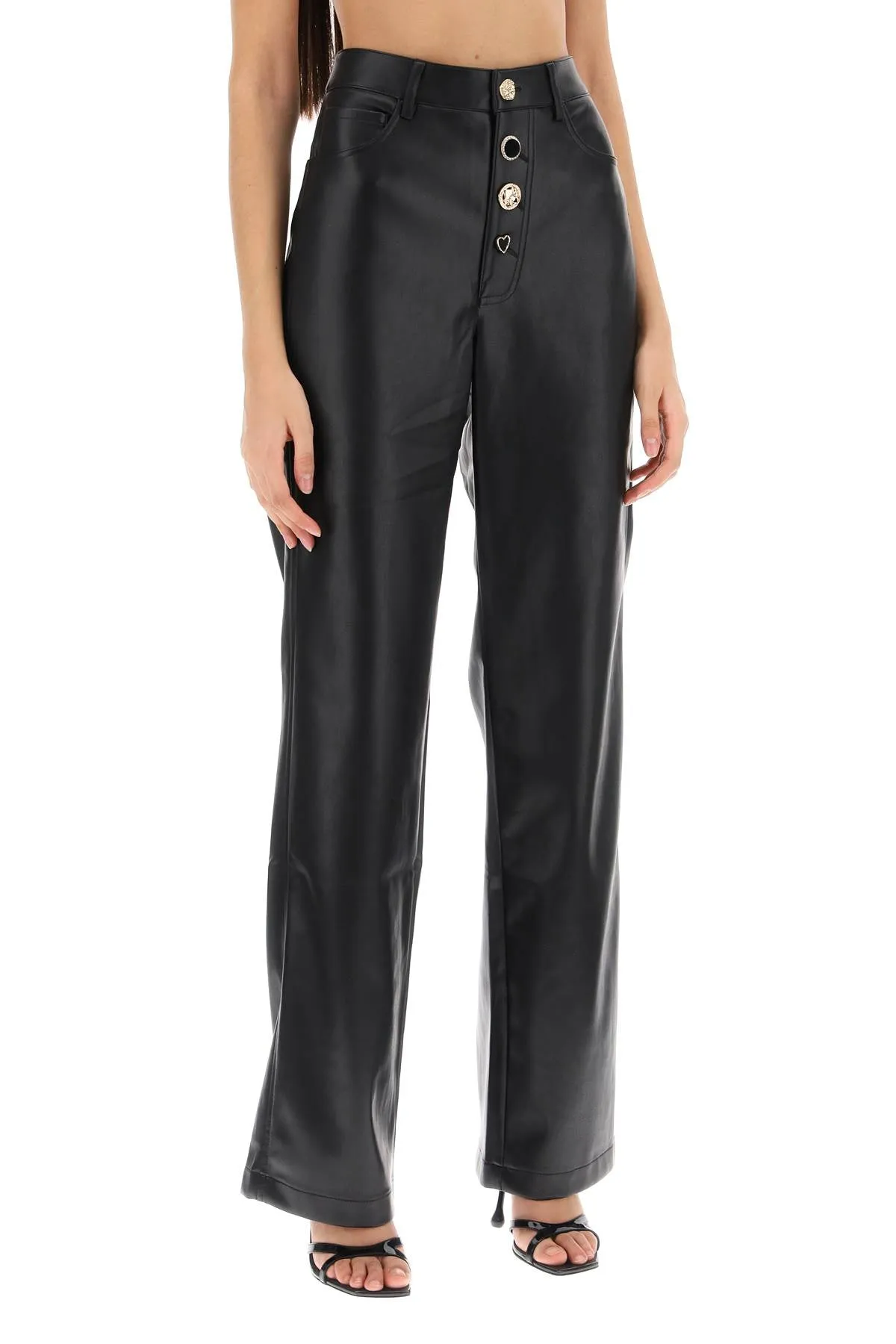 Black Button Embellished Faux Leather Pants