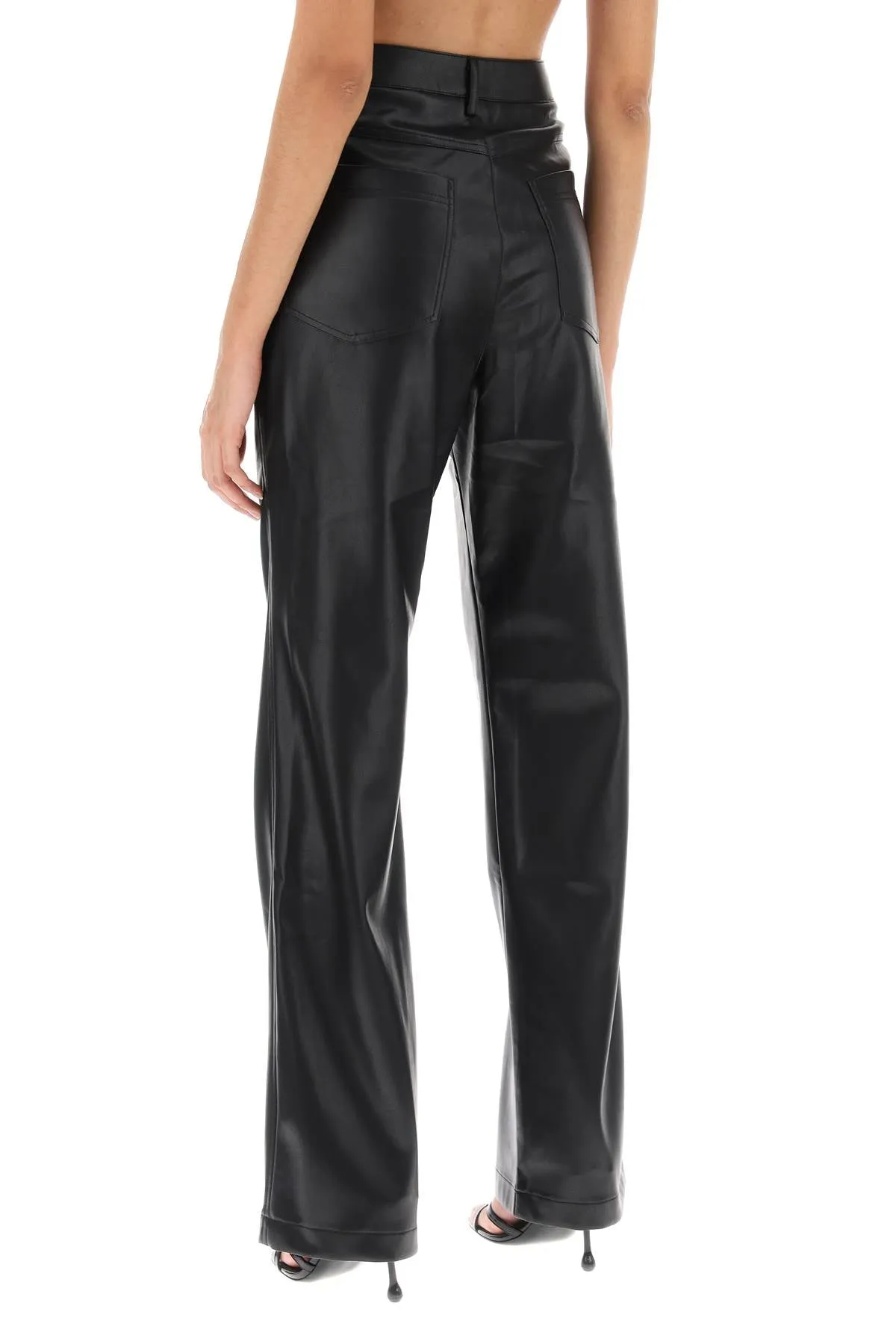 Black Button Embellished Faux Leather Pants