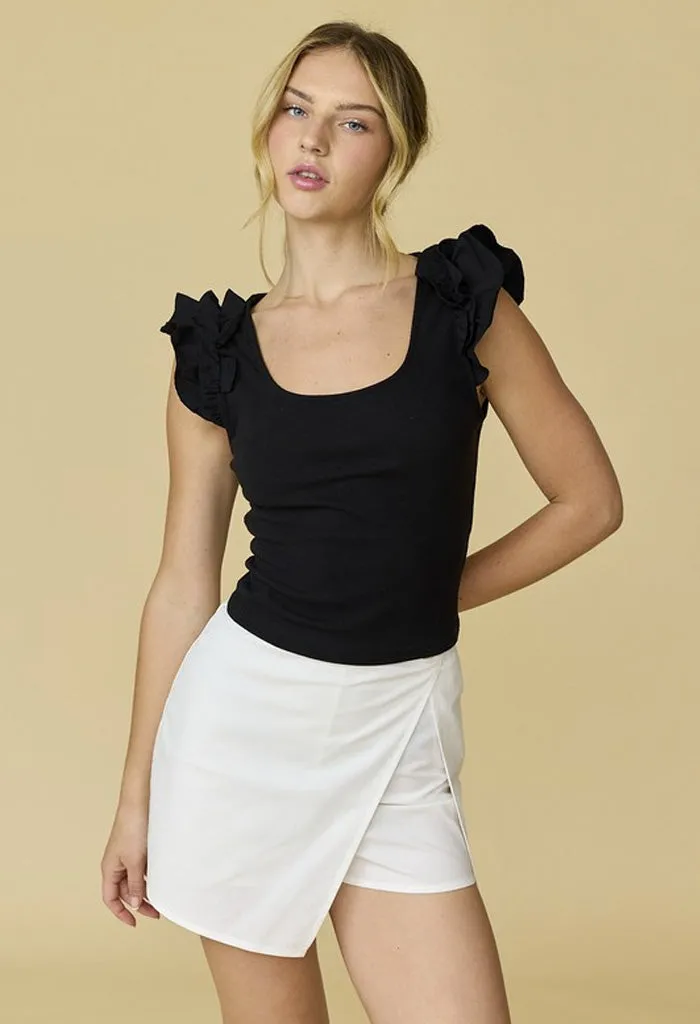 Black Ruffle Rib Knit Top