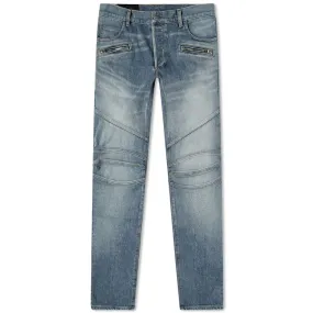 Blue Embroidered Washed Biker Jeans by Balmain