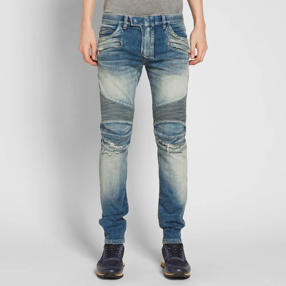 Blue Washed Stretch Biker Jeans by Balmain