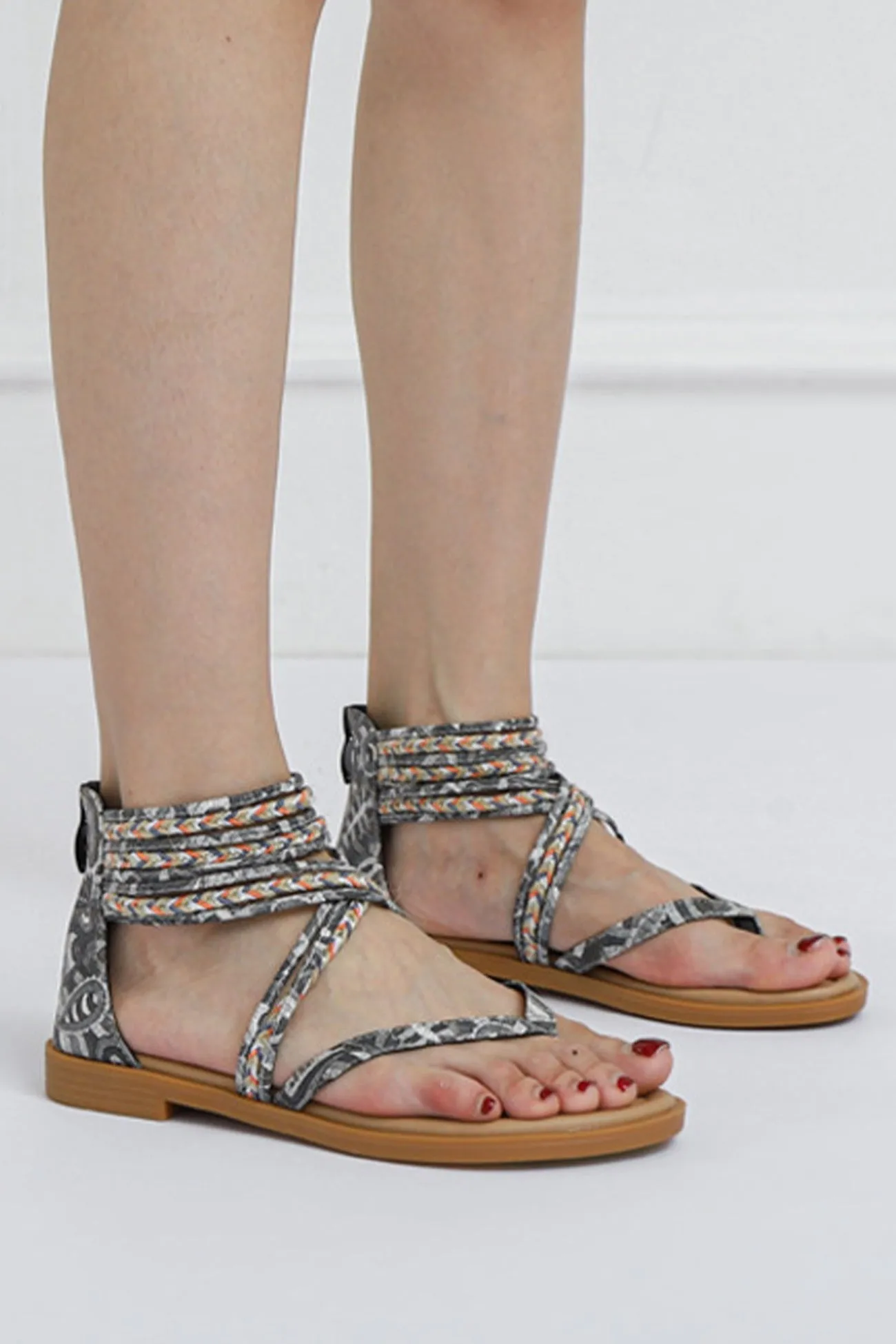 Bohemia Pattern Ankle Strap Zipper Sandals