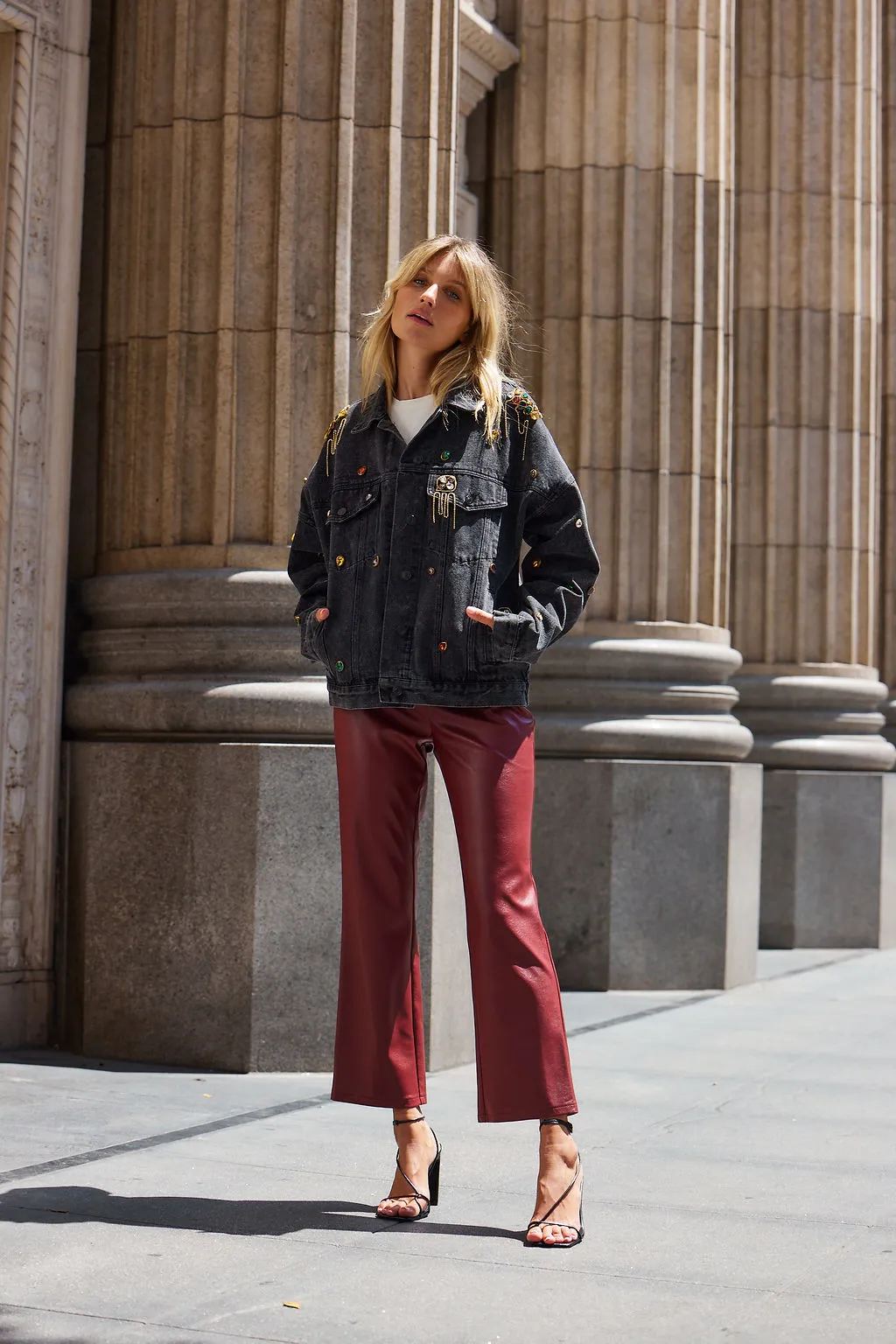 Burgundy faux leather pants