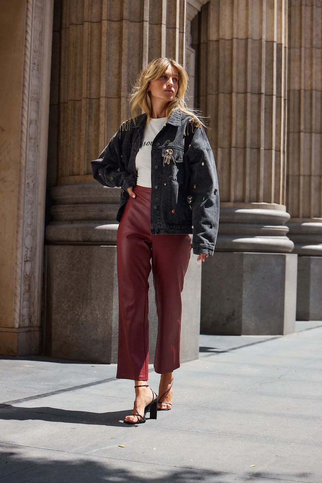 Burgundy faux leather pants