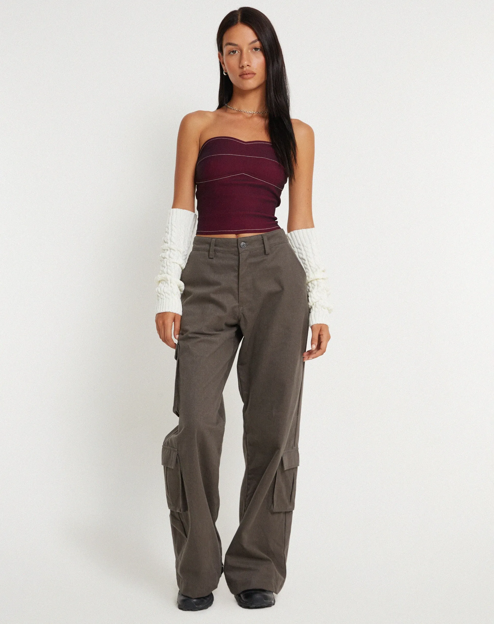 Burgundy Nelly Cropped Corset Top with Ecru Stitch Detail