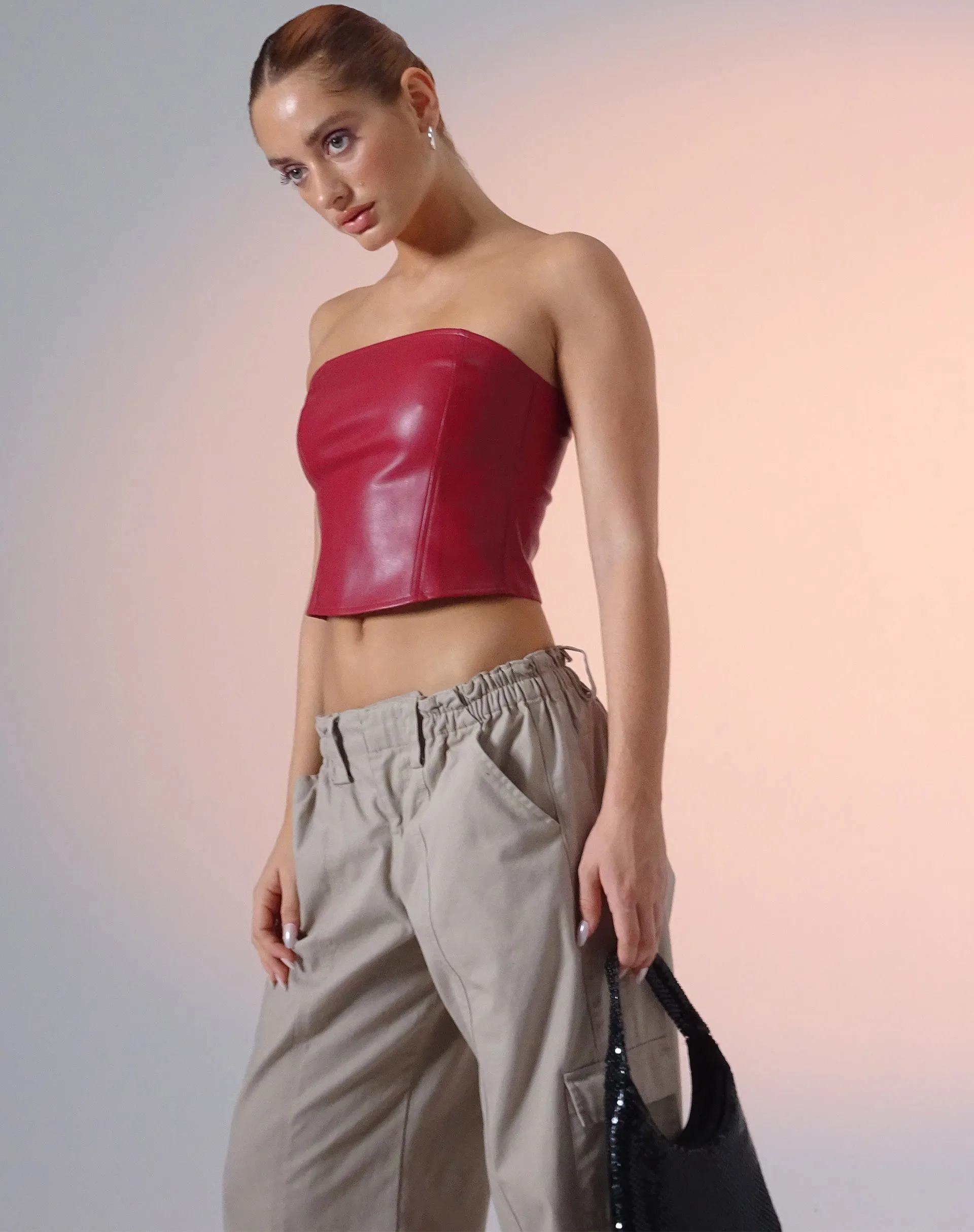 Burgundy Nelly Cropped Corset Top with Ecru Stitch Detail