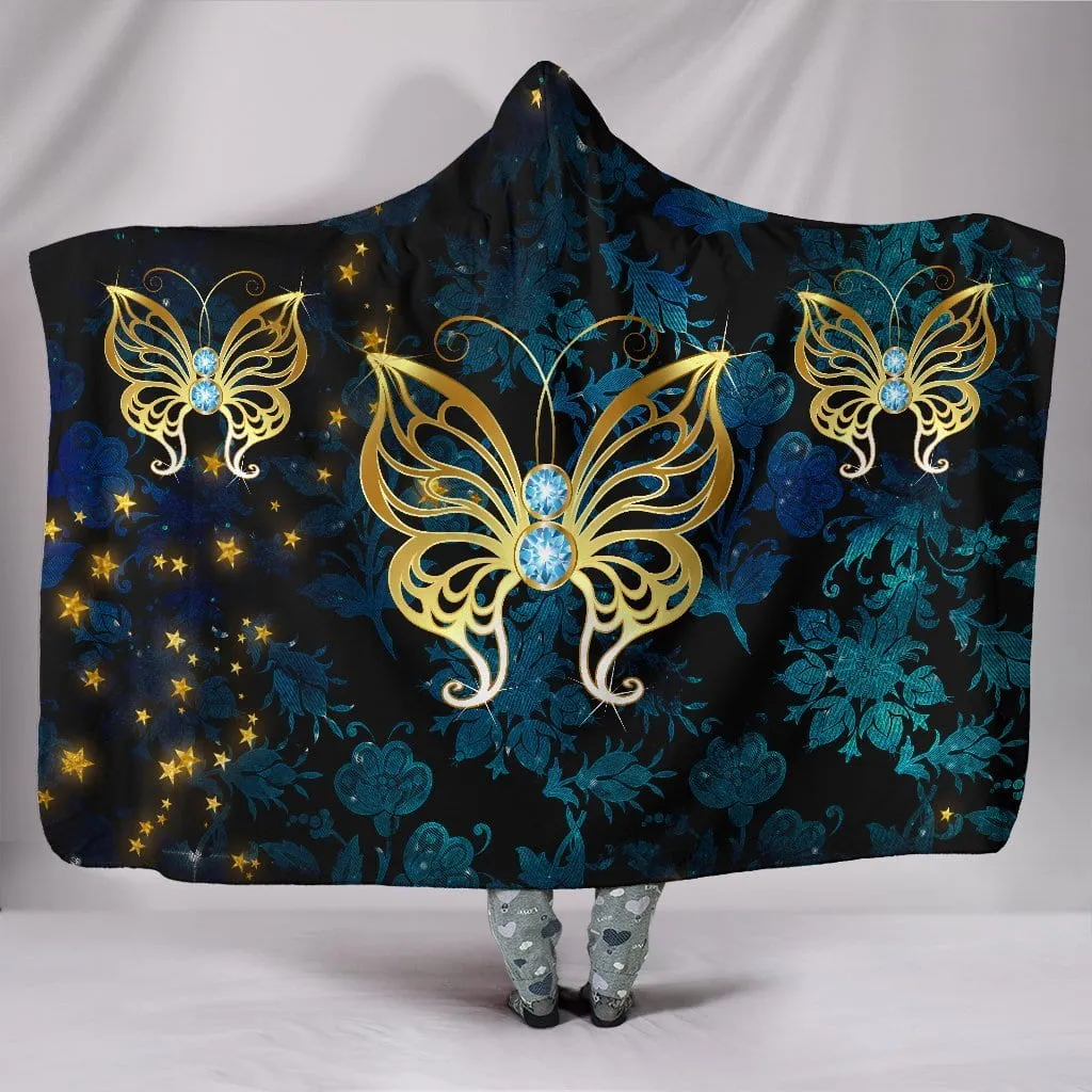 Butterflies in Blue Damask Hooded Blanket