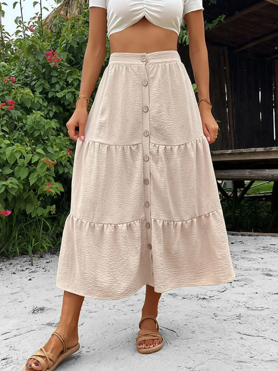 Buttoned Tiered Midi Skirt