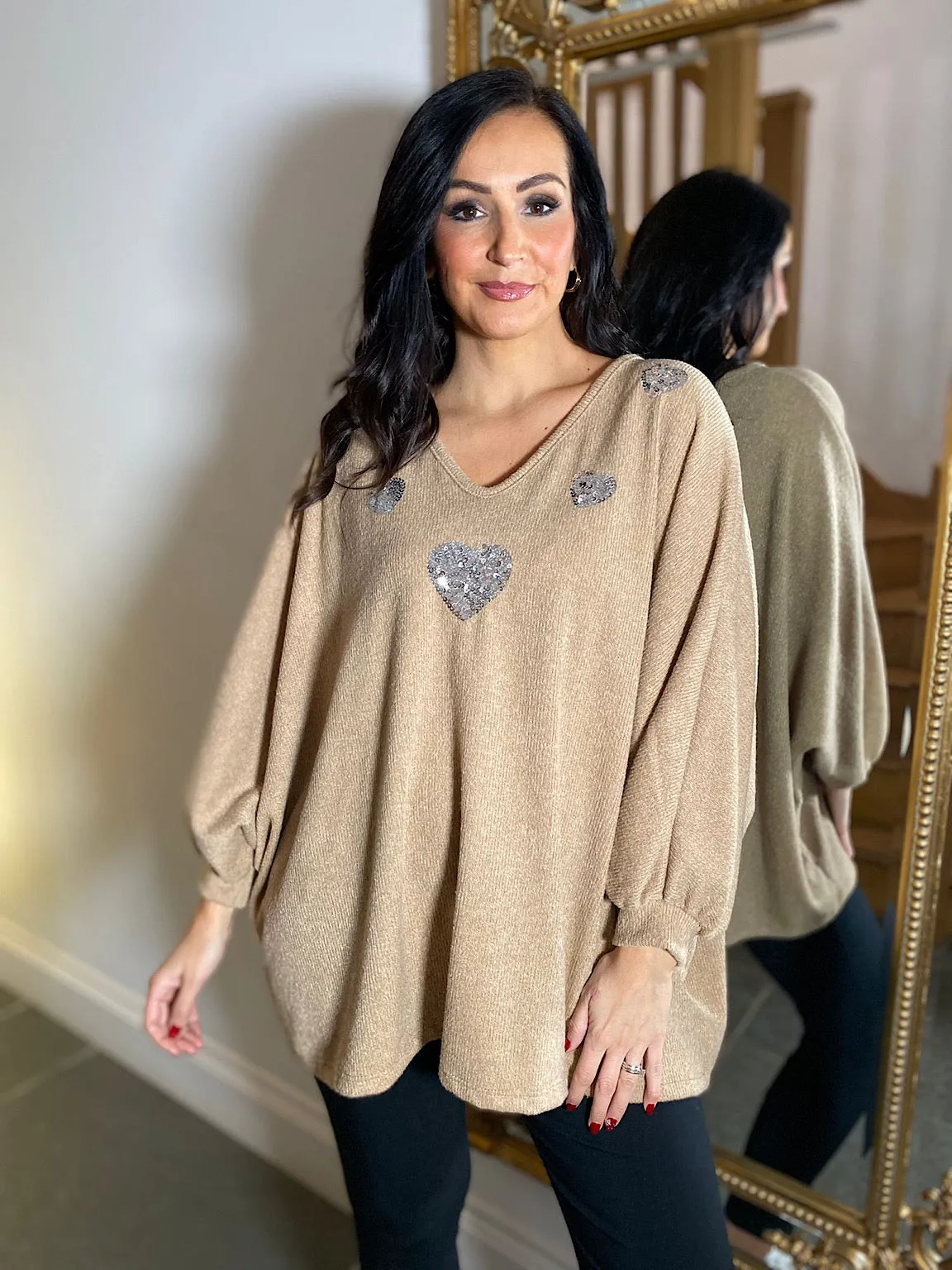 Camel Batwing Sequin Heart Knit Kia