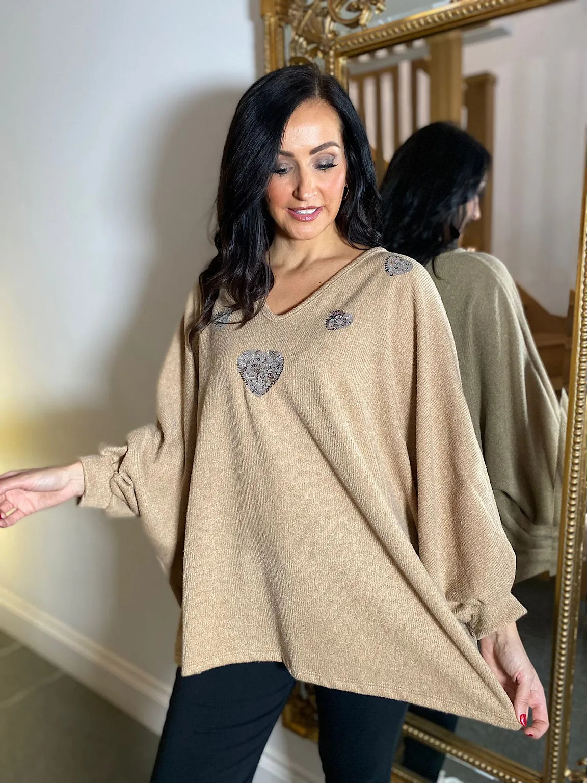 Camel Batwing Sequin Heart Knit Kia