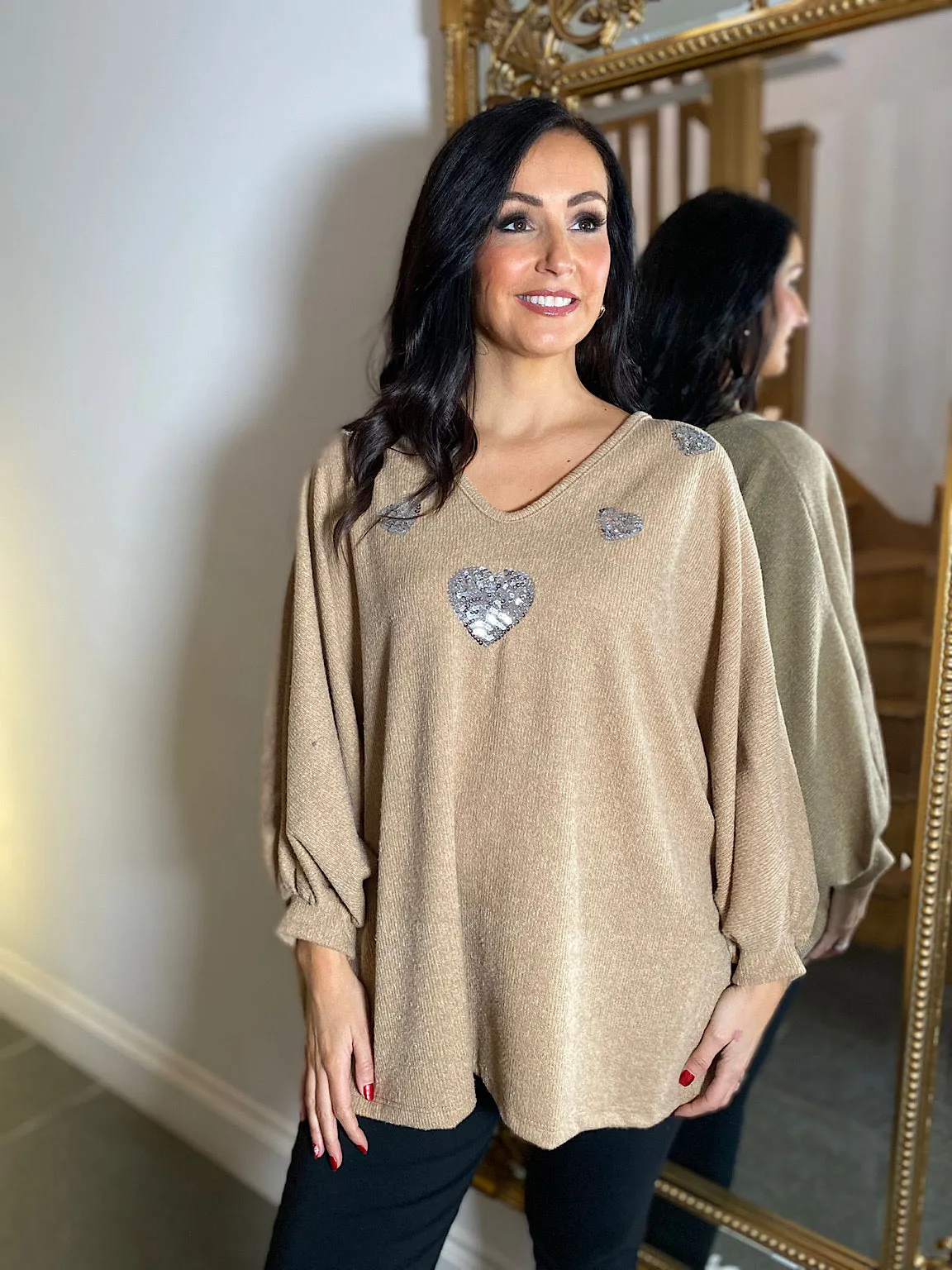 Camel Batwing Sequin Heart Knit Kia