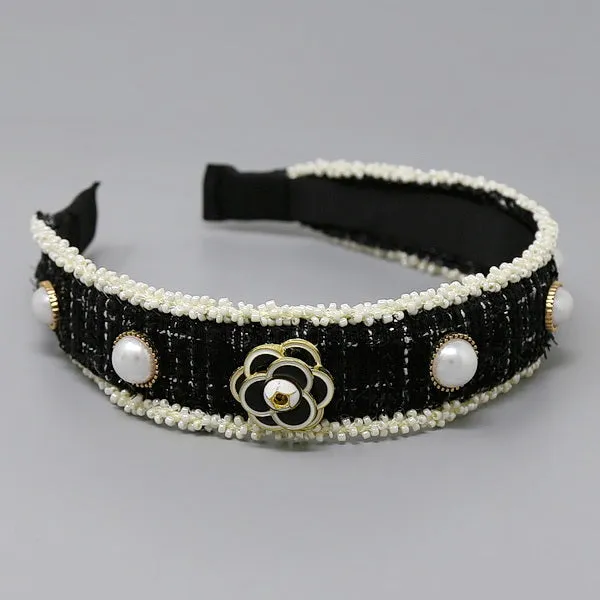 Flower and Pearl Embellished Tweed Hair Band with Camelia Design