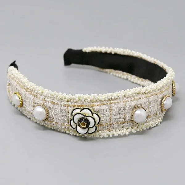 Flower and Pearl Embellished Tweed Hair Band with Camelia Design