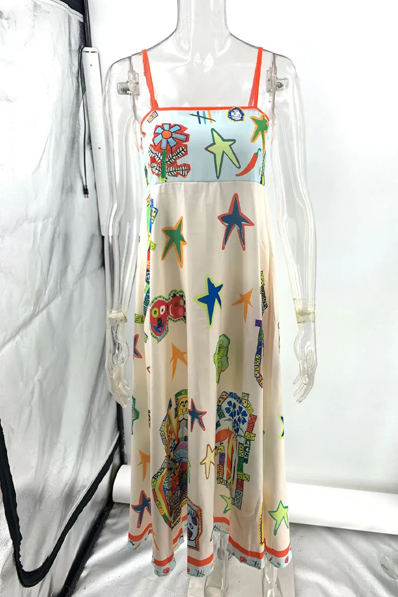 Cartoon Print Square Neck Dresses