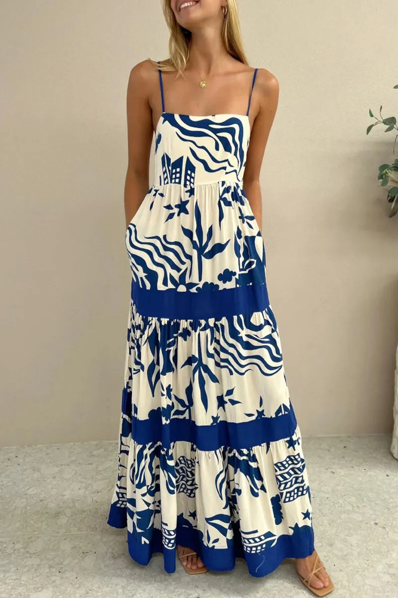 Bohemian Casual Sling Dresses with Floral Print and Patchwork Contrast Pockets