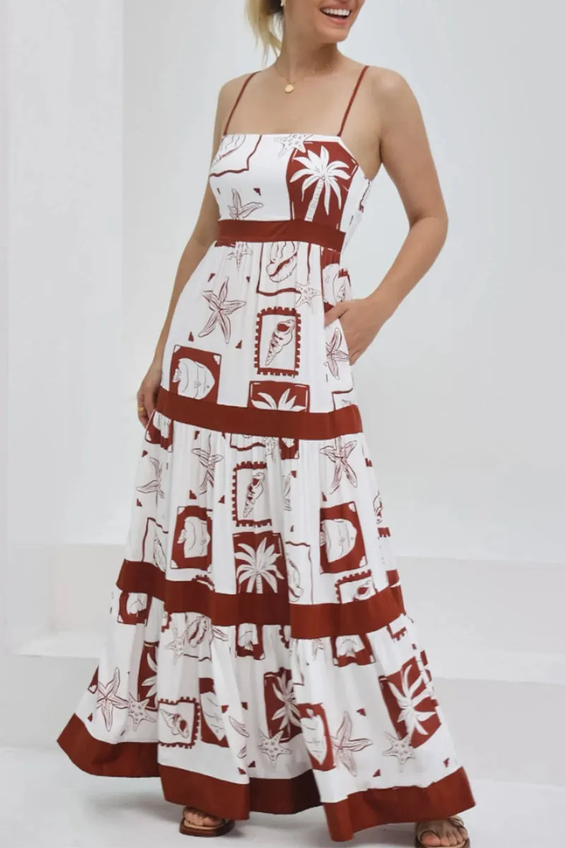 Bohemian Casual Sling Dresses with Floral Print and Patchwork Contrast Pockets