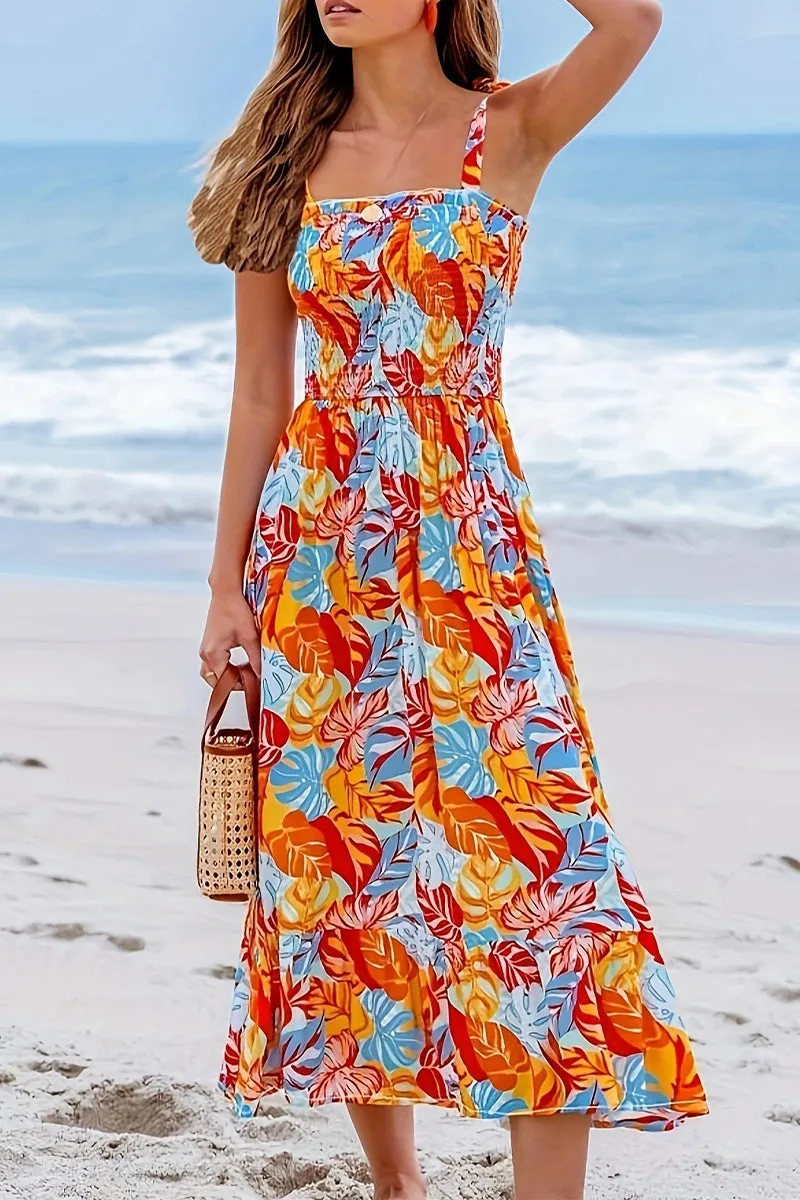 Casual Vacation Floral Print Lace Up Square Neck Sling Dresses