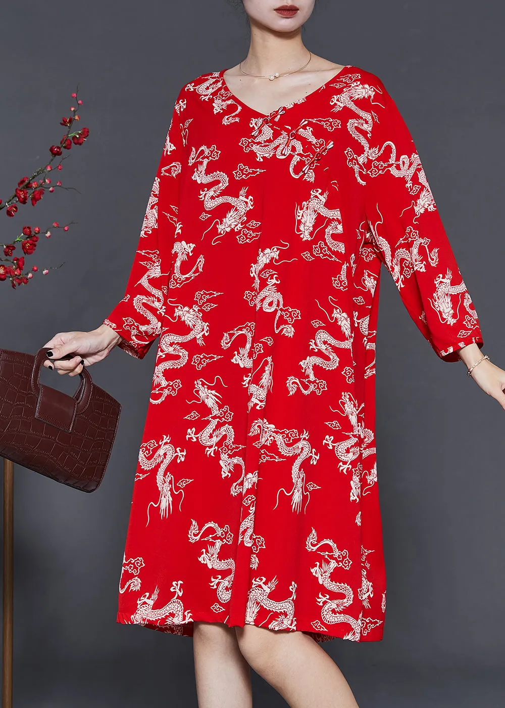 Chinese Button Summer Cotton Dress with Red Dragon Print