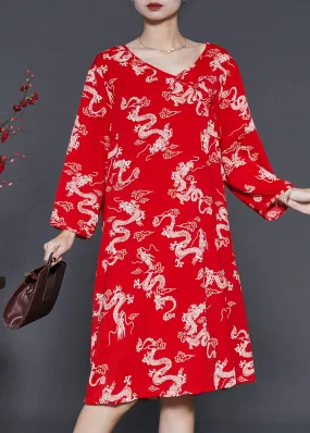 Chinese Button Summer Cotton Dress with Red Dragon Print