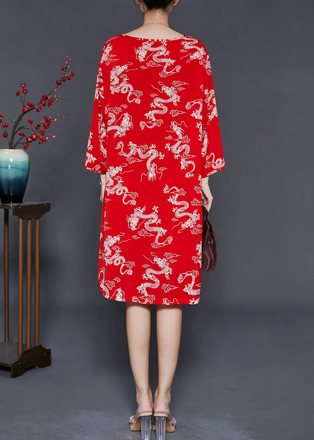 Chinese Button Summer Cotton Dress with Red Dragon Print