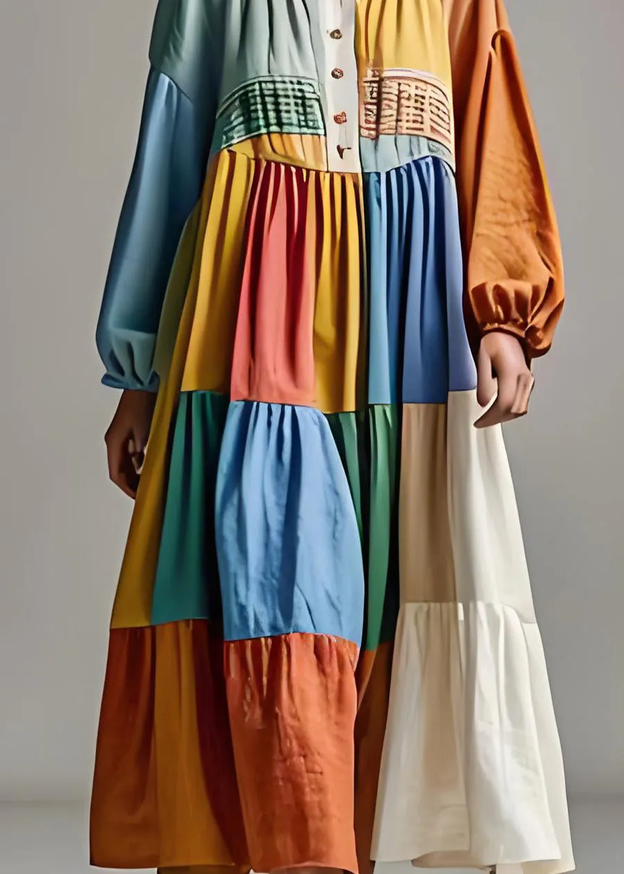 Colorblock Cotton Dresses with U Neck and Patchwork for Summer