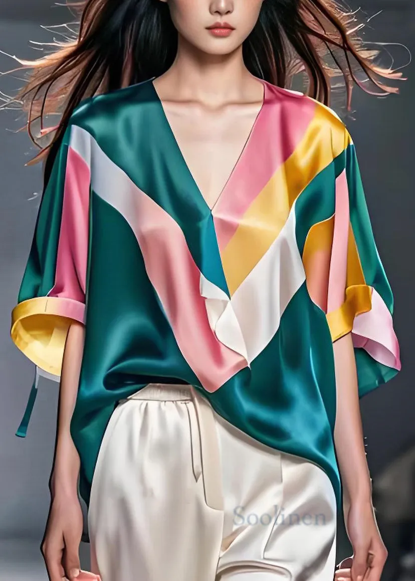 Colorblock V-Neck Patchwork Silk Blouse for Summer