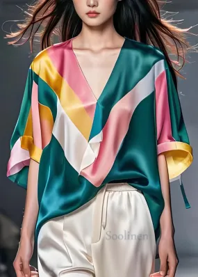 Colorblock V-Neck Patchwork Silk Blouse for Summer