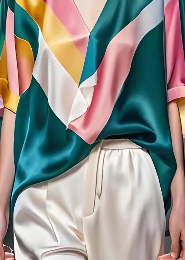 Colorblock V-Neck Patchwork Silk Blouse for Summer