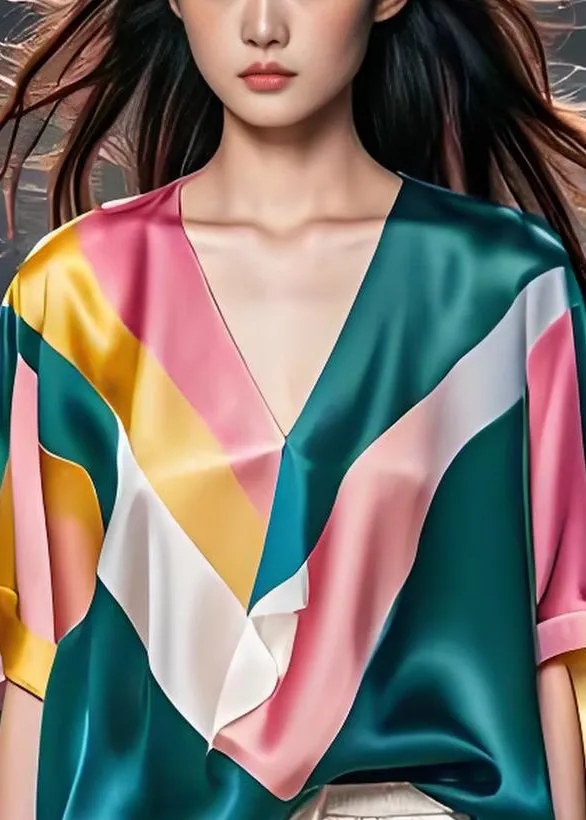 Colorblock V-Neck Patchwork Silk Blouse for Summer