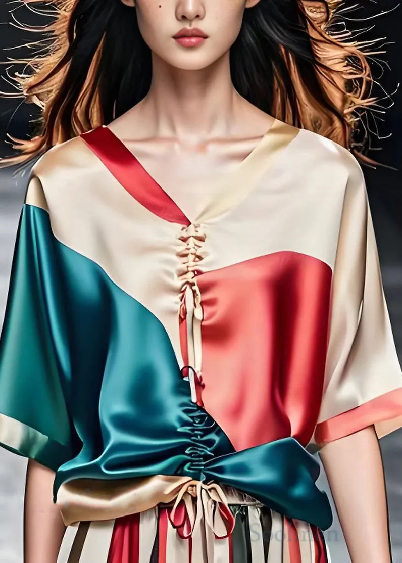 Colorblock V Neck Silk Blouse