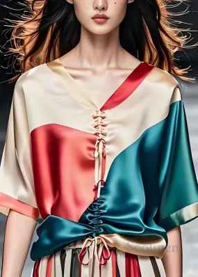 Colorblock V Neck Silk Blouse