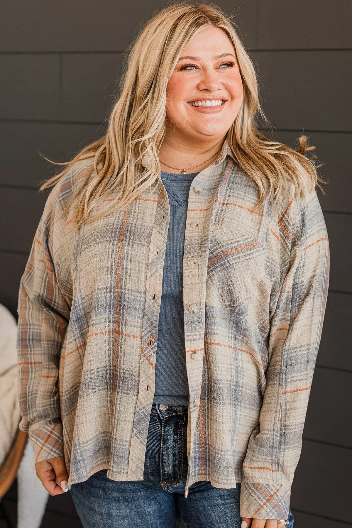 Plaid Button Top-Denim & Orange