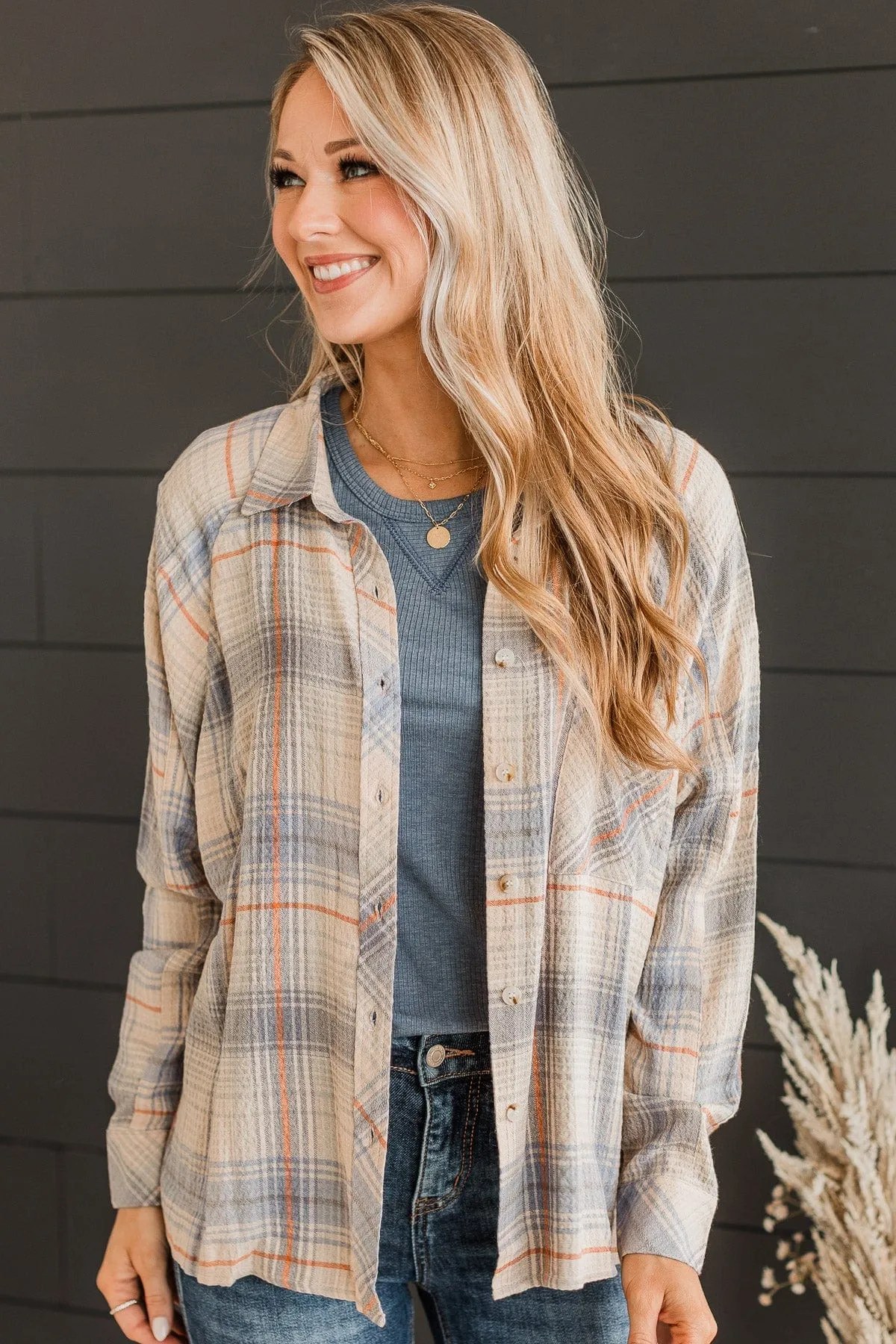 Plaid Button Top-Denim & Orange