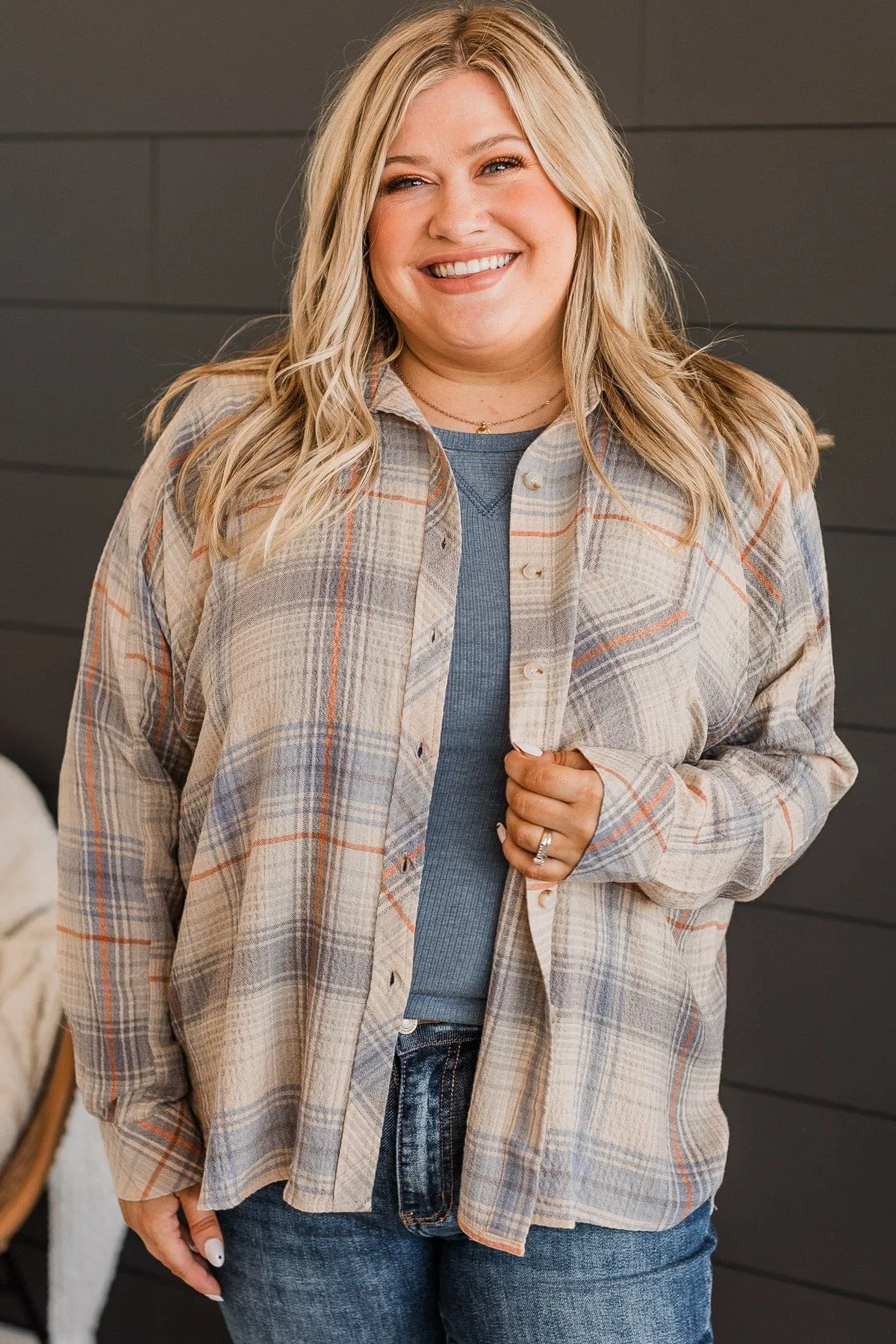 Plaid Button Top-Denim & Orange