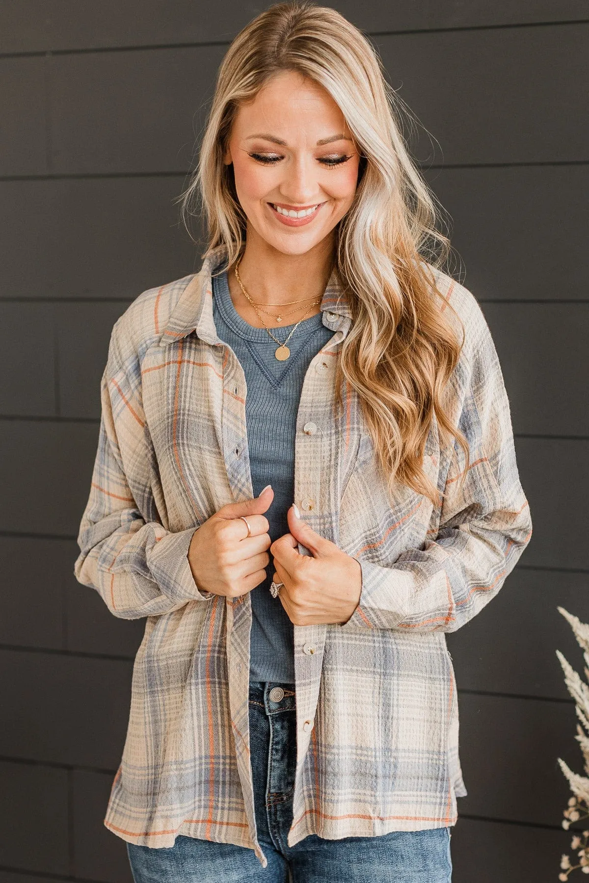 Plaid Button Top-Denim & Orange