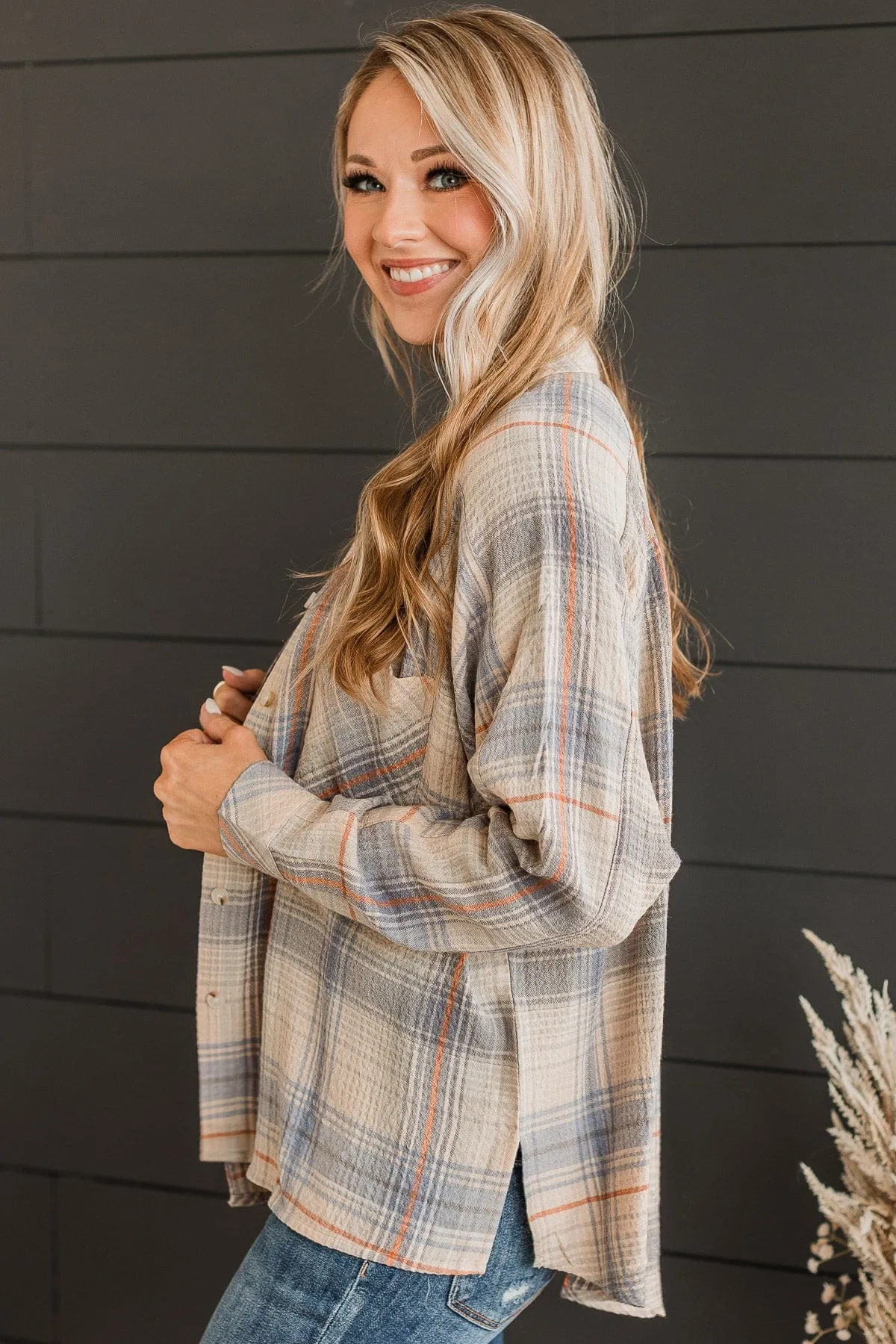 Plaid Button Top-Denim & Orange