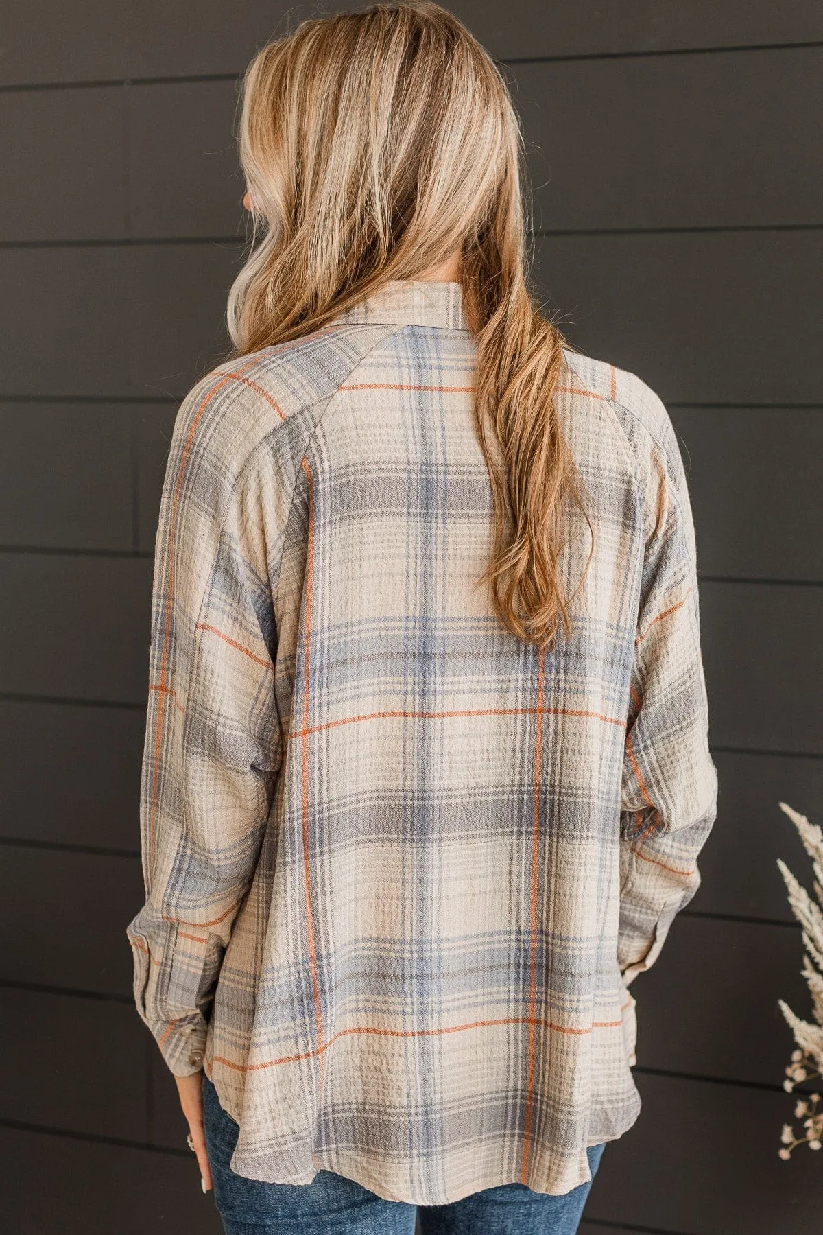 Plaid Button Top-Denim & Orange