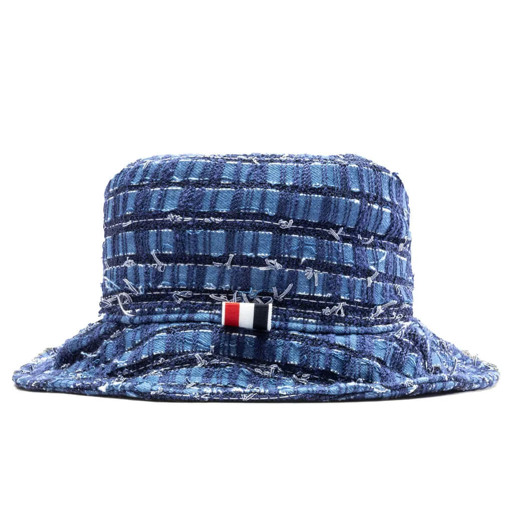 Medium Blue Denim Tweed Bucket Hat with Ribbon