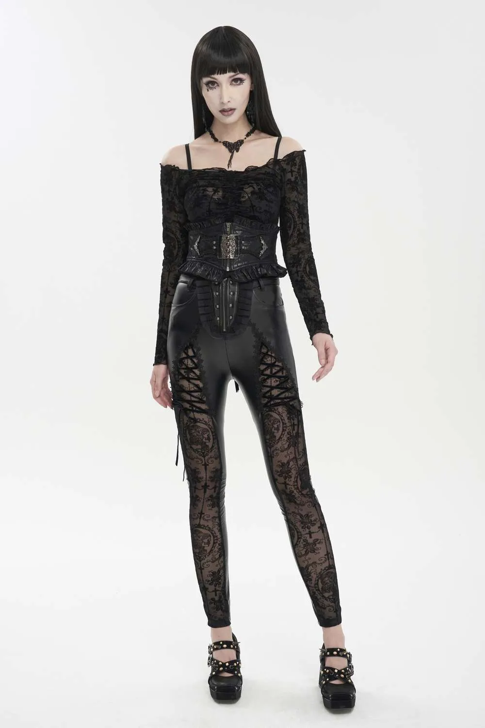 Devil Fashion - Gothic Elegant Mesh Faux Leather Pants PT202 | Dark Ages